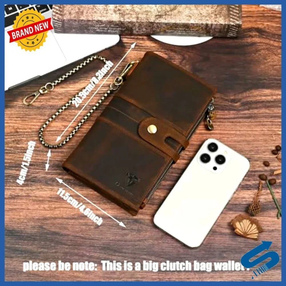 Genuine Crazy Horse Leather RFID Blocking Wallet with Chain and Zipper Pocket